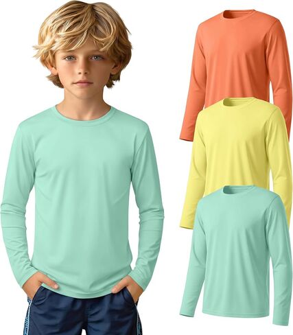 3 قطع من قمصان السباحة للأولاد Rash Guard بعامل حماية من الأشعة فوق البنفسجية 50+ وأكمام طويلة سريعة الجفاف للشباب في سن المراهقة من الأشعة فوق البنفسجية للحماية من الشمس لمدة 5-14 سنة in Kuwait