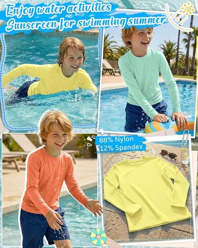 3 قطع من قمصان السباحة للأولاد Rash Guard بعامل حماية من الأشعة فوق البنفسجية 50+ وأكمام طويلة سريعة الجفاف للشباب في سن المراهقة من الأشعة فوق البنفسجية للحماية من الشمس لمدة 5-14 سنة in Kuwait