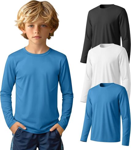 3 قطع من قمصان السباحة للأولاد Rash Guard بعامل حماية من الأشعة فوق البنفسجية 50+ وأكمام طويلة سريعة الجفاف للشباب في سن المراهقة من الأشعة فوق البنفسجية للحماية من الشمس لمدة 5-14 سنة in Kuwait