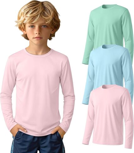 3 قطع من قمصان السباحة للأولاد Rash Guard بعامل حماية من الأشعة فوق البنفسجية 50+ وأكمام طويلة سريعة الجفاف للشباب في سن المراهقة من الأشعة فوق البنفسجية للحماية من الشمس لمدة 5-14 سنة in Kuwait