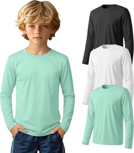 3 قطع من قمصان السباحة للأولاد Rash Guard بعامل حماية من الأشعة فوق البنفسجية 50+ وأكمام طويلة سريعة الجفاف للشباب في سن المراهقة من الأشعة فوق البنفسجية للحماية من الشمس لمدة 5-14 سنة in Kuwait
