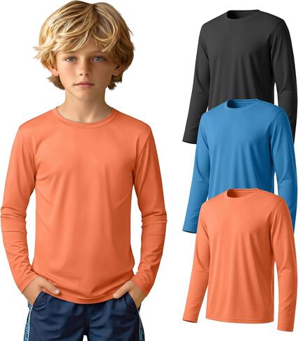 3 قطع من قمصان السباحة للأولاد Rash Guard بعامل حماية من الأشعة فوق البنفسجية 50+ وأكمام طويلة سريعة الجفاف للشباب في سن المراهقة من الأشعة فوق البنفسجية للحماية من الشمس لمدة 5-14 سنة in Kuwait