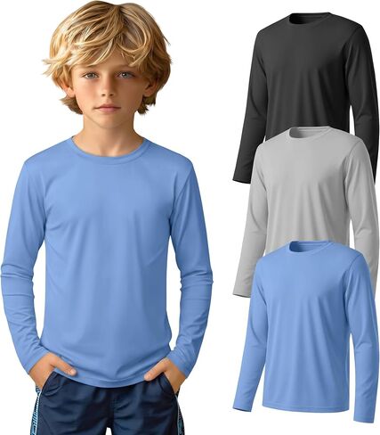 3 قطع من قمصان السباحة للأولاد Rash Guard بعامل حماية من الأشعة فوق البنفسجية 50+ وأكمام طويلة سريعة الجفاف للشباب في سن المراهقة من الأشعة فوق البنفسجية للحماية من الشمس لمدة 5-14 سنة in Kuwait
