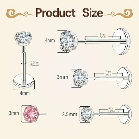 Titanium Earrings Stud, G23 Titanium Flat Back Earrings 20G Threadless Hypoallergenic Tragus Cartilage Conch Labret Lip Piercing Jewelry for Women Men in Kuwait