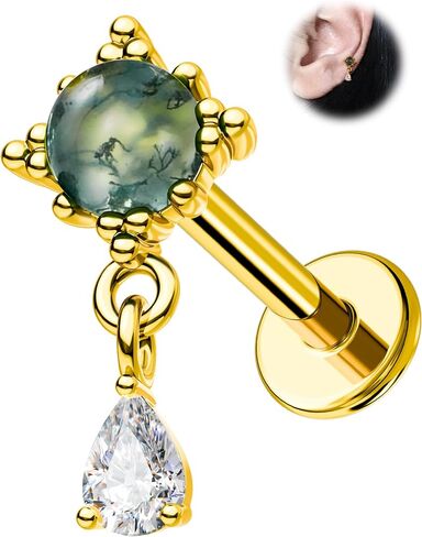 Jewseen 16G Moss Agate Helix Piercing Jewelry Titanium Flat Back Cartilage Earring Stud 6MM Dangle Cartilage Conch Piercing Jewelry Helix Earrings for Women 16G Surgical Steel Labret Studs in Kuwait