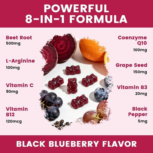 Beet Root Gummies – Beetroot Supplement with CoQ10, L-Arginine & Grape Seed Extract, Nitric Oxide Booster, Support Blood Pressure and Heart Health, Antioxidant Support, Vegan, Gluten Free – 60 Counts in Saudi Arabia