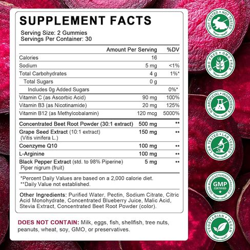 Beet Root Gummies – Beetroot Supplement with CoQ10, L-Arginine & Grape Seed Extract, Nitric Oxide Booster, Support Blood Pressure and Heart Health, Antioxidant Support, Vegan, Gluten Free – 60 Counts in Saudi Arabia