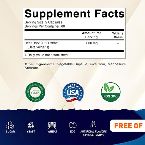 Vitamatic Beet Root 20:1 Extract Capsules 800 mg Per Serving (Beta vulgaris) – Nitric Oxide Support Supplement – Non-GMO, Gluten Free – 120 Veggie Capsules – Made in USA in Kuwait