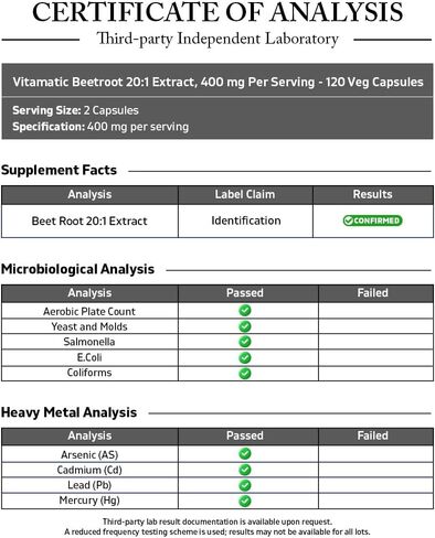 Vitamatic Beet Root 20:1 Extract Capsules 800 mg Per Serving (Beta vulgaris) – Nitric Oxide Support Supplement – Non-GMO, Gluten Free – 120 Veggie Capsules – Made in USA in Kuwait