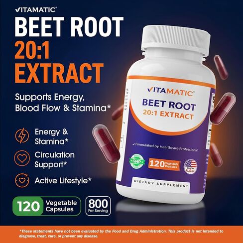 Vitamatic Beet Root 20:1 Extract Capsules 800 mg Per Serving (Beta vulgaris) – Nitric Oxide Support Supplement – Non-GMO, Gluten Free – 120 Veggie Capsules – Made in USA in Kuwait