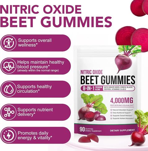 Beet Root Gummies,Beetroot with Pomegranate Gummies,Beet Root Gummie with Vitamins C & B12,L-Arginine & L-Citrulline,Grapeseed Extract,Circulation & Heart Health Support, Vegan, Non-GMO, 90 Count in Saudi Arabia