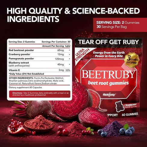 Beet Root Gummies, 5-in-1 Antioxidant Complex with Cranberry, Pomegranate & Blueberry, 7020mg Potency, Supports Energy & Circulation, 60 Gummies, Non-GMO in Kuwait