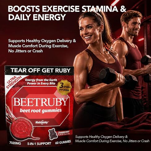 Beet Root Gummies, 5-in-1 Antioxidant Complex with Cranberry, Pomegranate & Blueberry, 7020mg Potency, Supports Energy & Circulation, 60 Gummies, Non-GMO in Kuwait