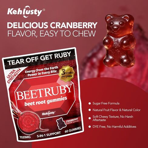 Beet Root Gummies, 5-in-1 Antioxidant Complex with Cranberry, Pomegranate & Blueberry, 7020mg Potency, Supports Energy & Circulation, 60 Gummies, Non-GMO in Kuwait