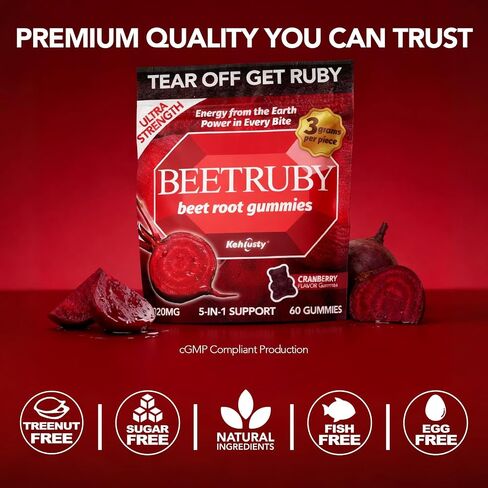 Beet Root Gummies, 5-in-1 Antioxidant Complex with Cranberry, Pomegranate & Blueberry, 7020mg Potency, Supports Energy & Circulation, 60 Gummies, Non-GMO in Kuwait
