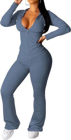 PINSV Women 2 Piece Outfits Workout Bodycon Tracksuit Long Sleeve Zip Up Hoodie Jacket Matching Flared Pants Sets in Kuwait