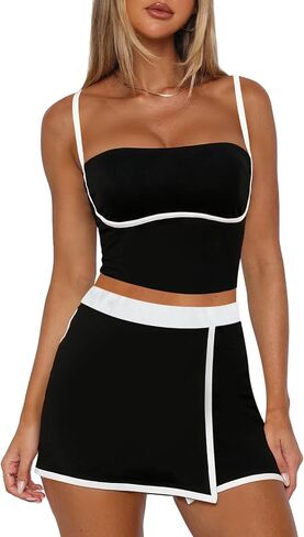Tennis Skirt Sets Women 2 Piece Outfits Workout Sets Spaghetti Strap Tank Top and Skort Set Athletic Gym Yoga Outfits in Saudi Arabia