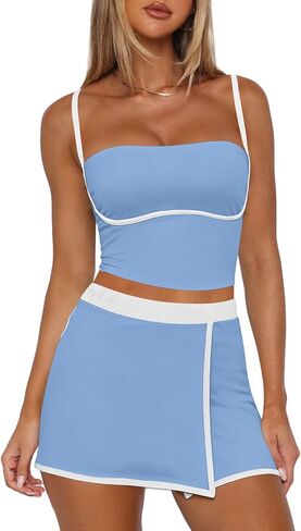 Tennis Skirt Sets Women 2 Piece Outfits Workout Sets Spaghetti Strap Tank Top and Skort Set Athletic Gym Yoga Outfits in Saudi Arabia