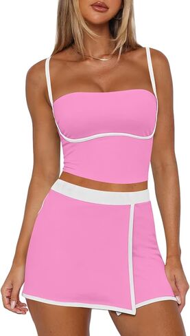Tennis Skirt Sets Women 2 Piece Outfits Workout Sets Spaghetti Strap Tank Top and Skort Set Athletic Gym Yoga Outfits in Saudi Arabia