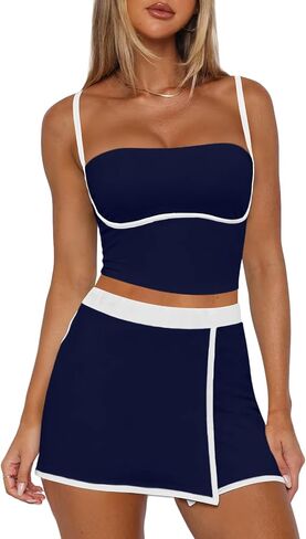 Tennis Skirt Sets Women 2 Piece Outfits Workout Sets Spaghetti Strap Tank Top and Skort Set Athletic Gym Yoga Outfits in Saudi Arabia