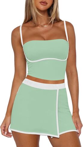 Tennis Skirt Sets Women 2 Piece Outfits Workout Sets Spaghetti Strap Tank Top and Skort Set Athletic Gym Yoga Outfits in Saudi Arabia