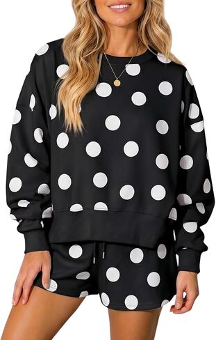 Fisoew Womens Polka Dot 2 Piece Outfits Casual Oversized Long Sleeve Sweatshirts Shorts Set Tracksuits Sweatsuits in Kuwait