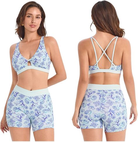 Floral Print Workout Sets for Women 2 Piece Yoga Gym Sets Color Block Sports Bras Biker Shorts with Pockets Athletic Clothes in Kuwait