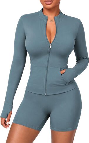 UOUA Womens Workout Set 2 Piece Gym Outfit Long Sleeve Zip Top Jacket High Waisted Tummy Control Shorts Athletic Wear in Kuwait