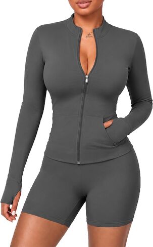 UOUA Womens Workout Set 2 Piece Gym Outfit Long Sleeve Zip Top Jacket High Waisted Tummy Control Shorts Athletic Wear in Kuwait