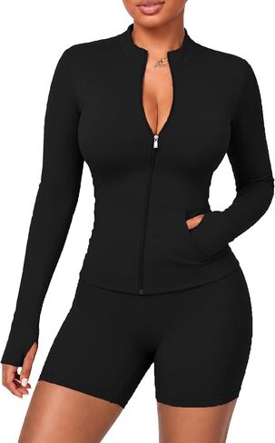 UOUA Womens Workout Set 2 Piece Gym Outfit Long Sleeve Zip Top Jacket High Waisted Tummy Control Shorts Athletic Wear in Kuwait