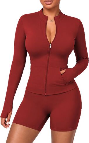 UOUA Womens Workout Set 2 Piece Gym Outfit Long Sleeve Zip Top Jacket High Waisted Tummy Control Shorts Athletic Wear in Kuwait