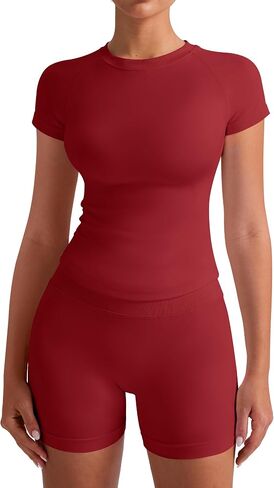 VVX Women 2 Piece Workout Sets Seamless High Waisted Scrunch Butt Lifting No Front Seam Gym Shorts Matching Raglan Sleeve Top in Saudi Arabia