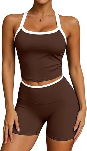UOUA Womens Workout Set 2 Piece Gym Outfit High Waisted Tummy Control Shorts Halter Padded Sports Bra Tank Athletic Yoga Wear in Kuwait