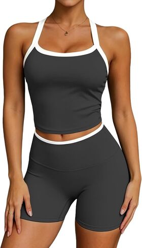 UOUA Womens Workout Set 2 Piece Gym Outfit High Waisted Tummy Control Shorts Halter Padded Sports Bra Tank Athletic Yoga Wear in Kuwait