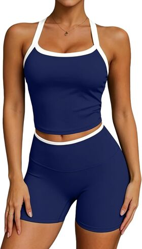 UOUA Womens Workout Set 2 Piece Gym Outfit High Waisted Tummy Control Shorts Halter Padded Sports Bra Tank Athletic Yoga Wear in Kuwait