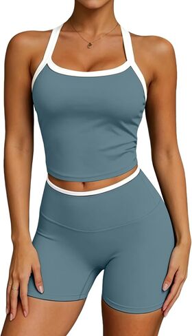 UOUA Womens Workout Set 2 Piece Gym Outfit High Waisted Tummy Control Shorts Halter Padded Sports Bra Tank Athletic Yoga Wear in Kuwait