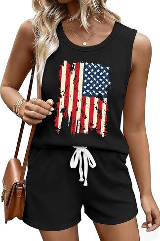 4th of July 2 Piece Outfits Women 250 Anniversary USA Tanks and Short Sets American Flag Patriotic Sets With Pockets in Saudi Arabia