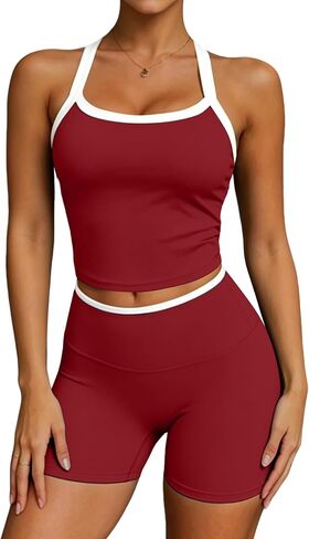 UOUA Womens Workout Set 2 Piece Gym Outfit High Waisted Tummy Control Shorts Halter Padded Sports Bra Tank Athletic Yoga Wear in Kuwait