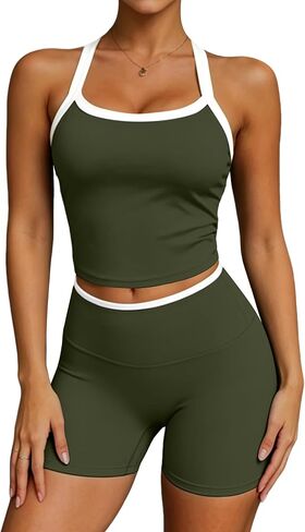 UOUA Womens Workout Set 2 Piece Gym Outfit High Waisted Tummy Control Shorts Halter Padded Sports Bra Tank Athletic Yoga Wear in Kuwait