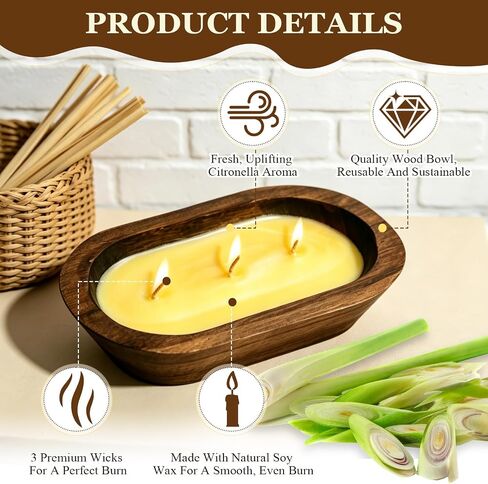 SCENTORINI Citronella Candles, Wood Dough Bowl 2 Pack (35oz), 3 Wicks, Natural Soy Wax Infused with Citronella Essential Oil, Summer Fresh Scent for Outdoor Indoor Patio Camping Balcony in Kuwait