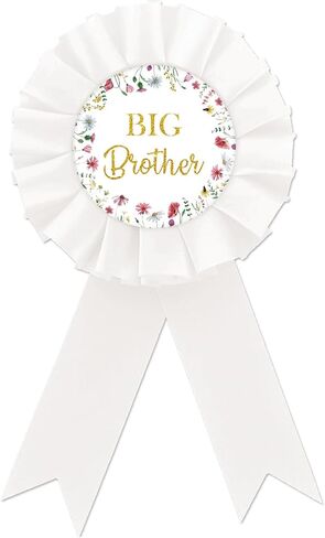 Wildflower Big Brother Tinplate Badge Pin, Floral Brother to Be Button Pin, Happy Birthday Ribbon for Boy, White Rosette Button Gifts for Newborn Baby Celebrations in Kuwait