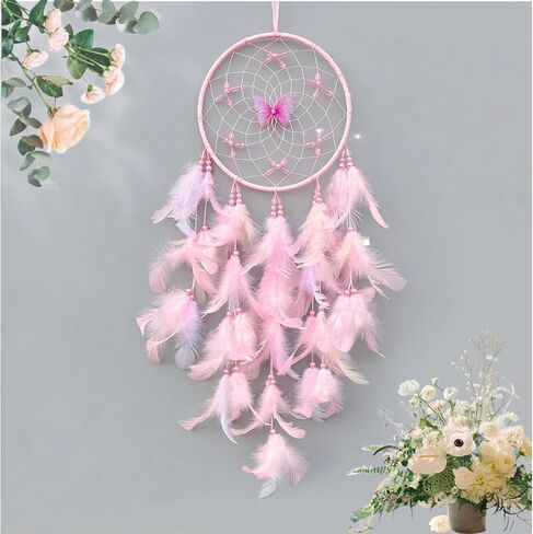 Pink Dream Catcher, Handmade Boho Wall Decor with Feathers and Butterfly, Dream Catcher for Bedroom, Nursery, Wall Hanging Ornament, Gift for Girls, Women in Saudi Arabia