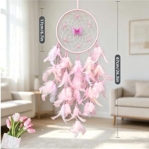 Pink Dream Catcher, Handmade Boho Wall Decor with Feathers and Butterfly, Dream Catcher for Bedroom, Nursery, Wall Hanging Ornament, Gift for Girls, Women in Saudi Arabia
