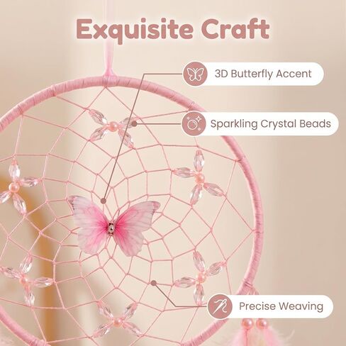 Pink Dream Catcher, Handmade Boho Wall Decor with Feathers and Butterfly, Dream Catcher for Bedroom, Nursery, Wall Hanging Ornament, Gift for Girls, Women in Saudi Arabia