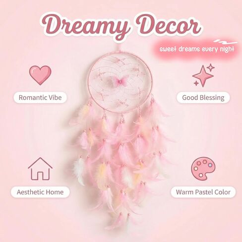 Pink Dream Catcher, Handmade Boho Wall Decor with Feathers and Butterfly, Dream Catcher for Bedroom, Nursery, Wall Hanging Ornament, Gift for Girls, Women in Saudi Arabia