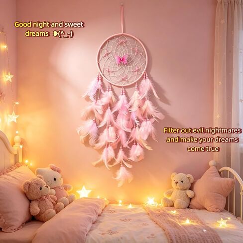 Pink Dream Catcher, Handmade Boho Wall Decor with Feathers and Butterfly, Dream Catcher for Bedroom, Nursery, Wall Hanging Ornament, Gift for Girls, Women in Saudi Arabia