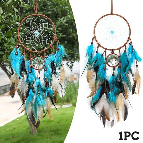 Dream Catcher, Blue Tree of Life with Feathers Dreamcatcher Wall Decor Indians Traditional Circular Net Hanging Decor for Home, Bedroom(Blue) in Kuwait