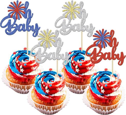 24Pcs Independence Day Oh Baby Cupcake Toppers Firework Babyshower 4th of July Cupcake Picks for Independence Day 4th of July Party Supplies Favors in Saudi Arabia