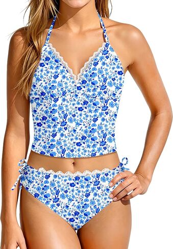 Girls Tankini Swimsuit 2 Piece Halter V Neck Bathing Suit Floral Print Lace Trim Tank Top Drawstring Bottom Swimwear 7-14Y in Saudi Arabia