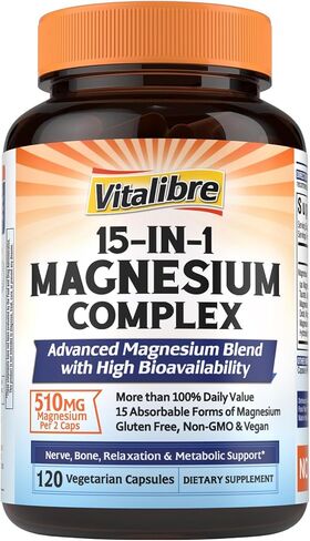 Vitalibre 15 in 1 Magnesium Complex Supplement 510mg | Maximum Absorption Glycinate, Malate, Taurate, Citrate and More for Bones, Heart, Recovery, Energy | Non-GMO, 120 Capsules in Kuwait